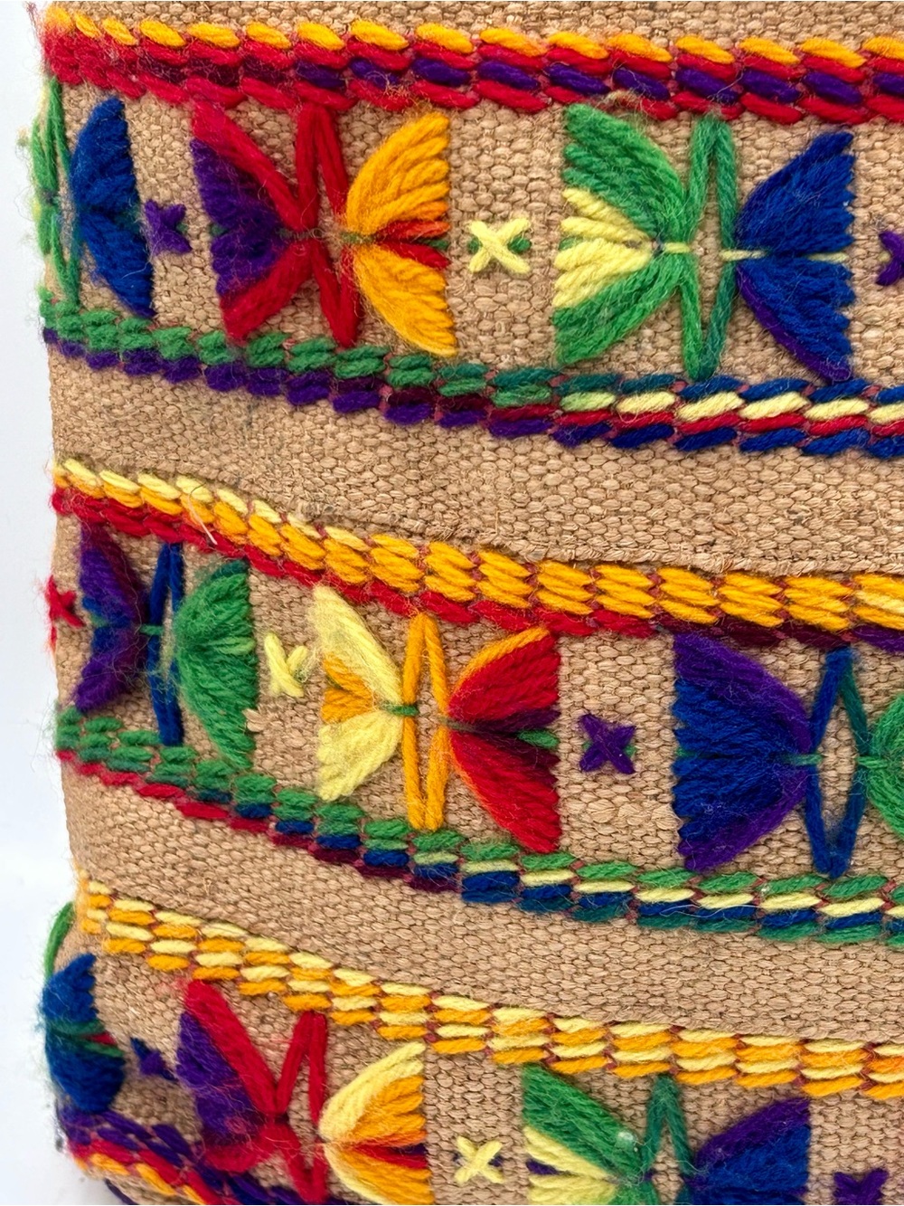 Vintage 70s Burlap Purse Bag Tote Multi Color Embroidery BOHO Hippie 14" - Picture 3 of 11
